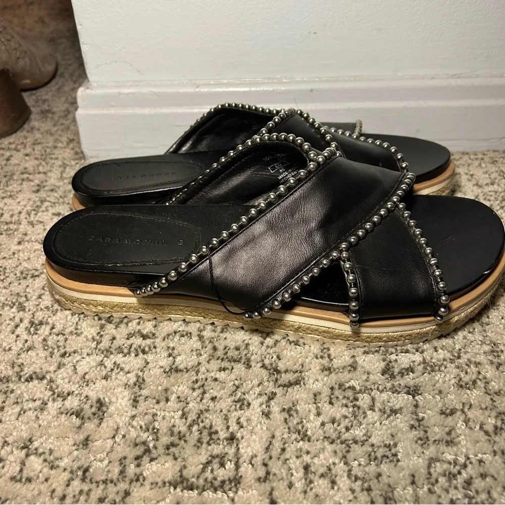 Zara Trafaluc Black & Silver Beaded Criss-Cross Chunky Platform Sandals Size 9